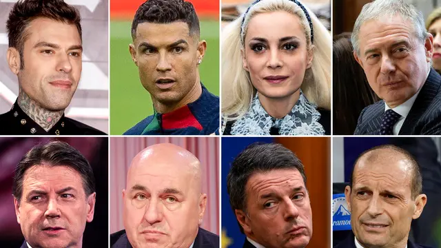 COMBO ANSA/Spiati da Urso a Fedez, ma per pm nessun dossier Prima fila da sx: Fedez, Cristiano Ronaldo, Marta Fascina, Adolfo Urso. Seconda fila da sx: Giuseppe Conte, Guido Crosetto, Matteo Renzi, Massimiliano Allegri.