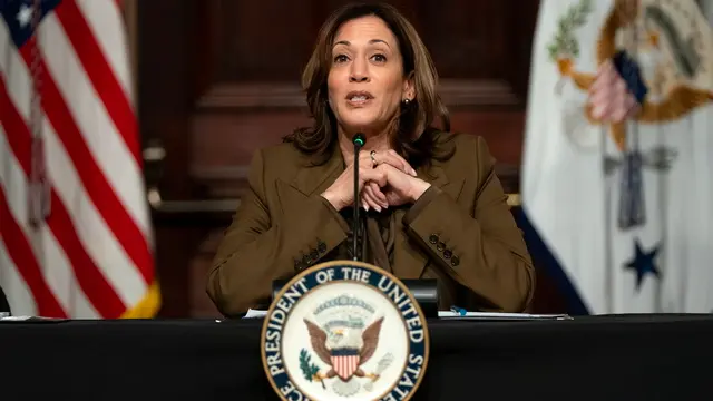 epa11185550 US Vice President Kamala Harris delivers remarks on the fight for voting rights, announcing steps to ensure Americans have information they need to vote, in the Indian Treaty Room of the White House in Washington, DC, USA, 27 February 2024. Vice President Harris hosts her second convening of the new year with leaders on the frontlines of protecting voting rights. EPA/LEIGH VOGEL / POOL