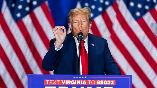 epa11195520 Former US President Donald Trump speaks to supporters during a Super Tuesday campaign rally in Richmond, Virginia, USA, 02 March 2024. Trump is running against Former South Carolina Governor Nikki Haley for the Republican presidential primary. Virginia is among the 15 states that will hold elections on 05 March, the primary election day known as 'Super Tuesday.' EPA/JIM LO SCALZO