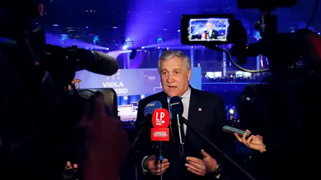 epa11202395 Italian Deputy Prime Minister and Foreign Minister, EPP vice-president and Forza Italia party secretary, Antonio Tajani, attends a short press conference after the first plenary session of the European People's Party Congress in Bucharest, Romania, 06 March 2024. The European People's Party (EPP) party holds its Congress in Romania's capital on 06 and 07 March, to choose their candidates for the EU Parliament elections, and as well their nominees for the EU leadership. European Union parliamentary elections will take place from 06 until 09 June 2024. EPA/ROBERT GHEMENT