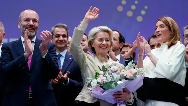 epa11203838 European Commission President Ursula von der Leyen (C), the EPP candidate for the same position, flanked by EPP president Manfred Weber (L) and European Parliament President Roberta Metsola (R), reacts after winning the ballot at the European People's Party Congress in Bucharest, Romania, 07 March 2024. The European People's Party (EPP) party holds its Congress in Romania's capital on 06 and 07 March, to choose their candidates for the EU Parliament elections, and as well their nominees for the EU leadership. European Union parliamentary elections will take place from 06 until 09 June 2024. EPA/ROBERT GHEMENT