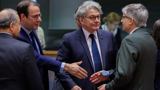 epa11203733 (L-R) EU Commissioner for Internal Market Thierry Breton, Belgian Minister of the Middle Class, Agriculture, Social Integration and Urban Policy David Clarinval and German State Secretary at the Federal Ministry for Economic Affairs and Climate Action Sven Giegold chat during the EU Council on Internal Market and Industry in Brussels, Belgium, 07 March 2024. Ministers will discuss a report on the advance of the works to reach an agreement on the late payment regulation. The proposal is part of the small and medium enterprises 'SME relief package', a series of initiatives presented by the Commission on 12 September 2023 to address the needs of SMEs in the current economic environment. EPA/OLIVIER MATTHYS