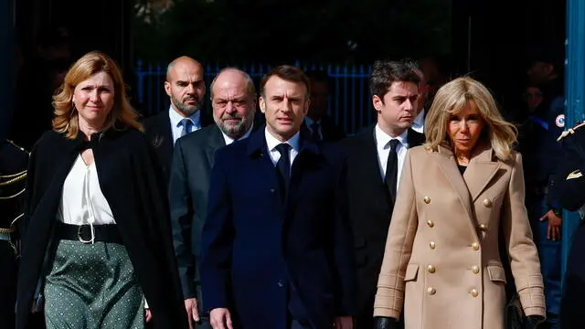 epa11206499 French President Emmanuel Macron (C), his wife Brigitte Macron (R), French National Assembly President Yael Braun-Pivet (L), Justice Minister Eric Dupond-Moretti (L, back) and Prime Minister Gabriel Attal (R, back) arrive for a ceremony to seal the right to abortion in the French constitution, on International Women's Day, at the Place Vendome, in Paris, France, 08 March 2024. French lawmakers on 04 March approved a bill to enshrine abortion rights in the Constitution becoming the only country in the world to clearly protect the right to terminate a pregnancy in its basic law. EPA/Gonzalo Fuentes / POOL MAXPPP OUT