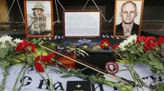 epa10817921 Pictures of PMC Wagner chief Yevgeny Prigozhin and PMC Wagner commander Dmitry Utkin are seen on an informal memorial in downtown of Rostov-on Don, Russia, 24 August 2023. An investigation was launched into the crash of an aircraft in the Tver region in Russia on 23 August 2023, the Russian Federal Air Transport Agency said in a statement. Among the passengers was Wagner chief Yevgeny Prigozhin, the agency reported. EPA/STRINGER