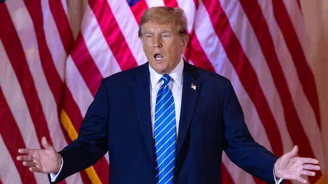 epa11201258 Former US President Donald Trump speaks to supporters during the Super Tuesday Election Night Watch Party in Mar-a-Lago, Palm Beach, Florida, USA, 05 March 2024. On 'Super Tuesday,' voters in 16 states and one US territory cast their ballots for presidential candidates in the 2024 United States primary elections. Trump is running against Former South Carolina Governor Nikki Haley for the Republican presidential primary. EPA/CRISTOBAL HERRERA-ULASHKEVICH