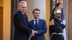 epa11216946 French President Emmanuel Macron (C-R) shakes hand with his Lithuanian counterpart Gitanas Nauseda (C-L) as they meet at the Elysee Palace in Paris, France, 12 March 2024. EPA/CHRISTOPHE PETIT TESSON