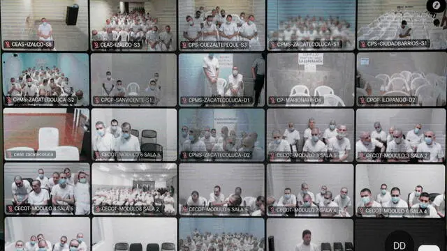 epa11137800 Monitors shows gang members during a simultaneous virtual hearing in different prisons at the Isidro Menendez judicial center, in San Salvador, El Salvador, 08 February 2024. A court in El Salvador held one of the first virtual hearings against 492 leaders of the Mara Salvatrucha (MS13) gang, including historical leaders, for more than 37,000 crimes, in the midst of the 'war against gangs' of the Salvadoran Government. EPA/RODRIGO SURA