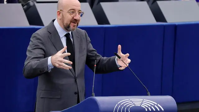 epa11130568 EU Council President Charles Michel speaks during a debate on 'Motions for resolutions - The need for unwavering EU support for Ukraine, after two years of Russia’s war of aggression against Ukraine' at the European Parliament in Strasbourg, France, 06 February 2024. The EU Parliament's session runs from 05 till 08 February 2024. EPA/RONALD WITTEK