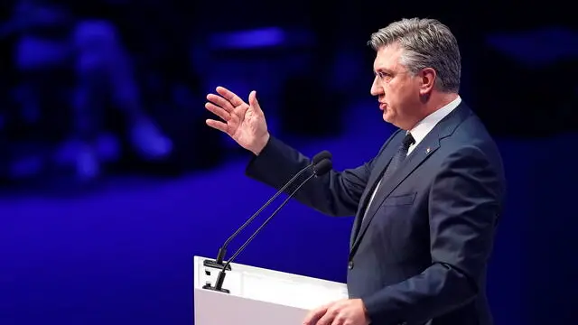 epa11203955 Croatian Prime Minister Andrej Plenkovic delivers his speech during the second plenary session of the European People's Party Congress in Bucharest, Romania, 07 March 2024. The European People's Party (EPP) party holds its Congress in Romania's capital on 06 and 07 March, to choose their candidates for the EU Parliament elections, and as well their nominees for the EU leadership. European Union parliamentary elections will take place from 06 until 09 June 2024. EPA/ROBERT GHEMENT