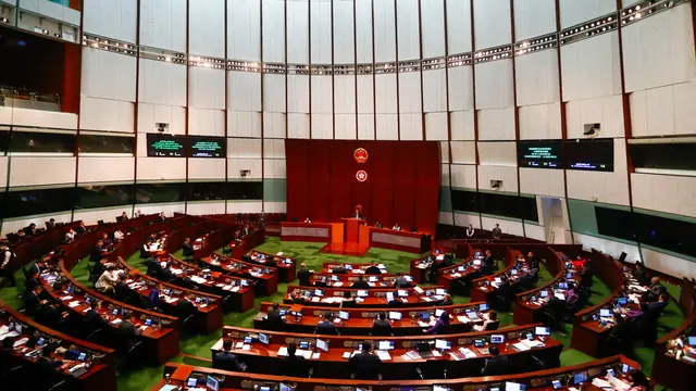 epa11229017 A general view of the Legislative Council chamber after the second reading of the Article 23 was passed, in Hong Kong, China, 19 March 2024. Article 23, required by a Beijing-imposed National Security Law, has sparked international concerns about its impact on press freedom, religious freedom, and fundamental rights. Foreign governments such as the United Kingdom, the United States, Australia, and some European countries have also expressed concerns over the legislation. EPA/DANIEL CENG EPA-EFE/DANIEL CENG