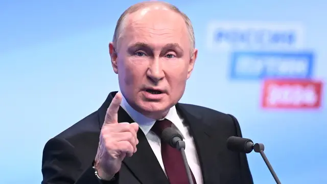 epa11226963 Russian President and presidential candidate Vladimir Putin meets with the media at his campaign headquarters in Moscow, Russia, 18 March 2024. Based on the results of processing more than 70 percent of the protocols, Vladimir Putin is the leader in the presidential elections of the Russian Federation with 87.16 percent of the votes, according to the CEC data. EPA/NATALIA KOLESNIKOVA / POOL