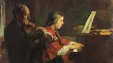 Angelo Landi, «Duetto al pianoforte» (s.d), olio su tela