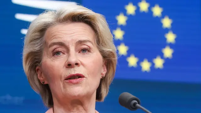 epa11235130 European Commission President Ursula von der Leyen addresses a press conference at the end of the first day of a two-day EU summit in Brussels, Belgium, 21 March 2024. EU leaders are meeting in Brussels to discuss continued support for Ukraine, the developing situation in the Middle East, security and defense, enlargement, external relations, migration, agriculture as well as the European semester. EPA/OLIVIER HOSLET