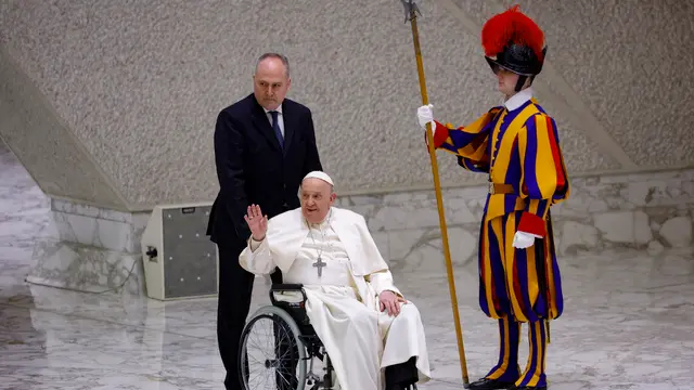 Pope Francis during a special audience with managers and staff of the Children's Hospital ‘Bambino Gesù’ Paolo VI Hall, Vatican, 16 March 2024. ANSA/FABIO FRUSTACI