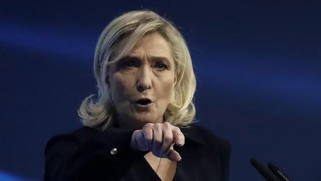 epa11196771 Marine Le Pen, Member of Parliament and parliamentary leader of the French far-right National Rally party (RN-Rassemblement National in French) delivers a speech as the party launches European election campaign in Marseille, Southern France, 03 March 2024. Elections for the European Parliament are due to take place between 06 and 09 June 2024. EPA/Guillaume Horcajuelo