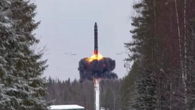 epa09771985 A handout still image taken from handout video made available by the Russian Defence ministry press-service shows launch of the intercontinental ballistic missile 'Yar' from Plesetsk at the Kura training ground, Russia, 19 February 2022. Russian President Vladimir Putin opens exercises of the Russian strategic deterrence forces with launches of the ballistic missiles. Russian Navy ships of the Northern and Black Sea Fleets launched 'Kalibr' cruise missiles and 'Zirkon' hypersonic missiles at sea and ground targets during scheduled exercises of the strategic deterrence forces on Saturday. The 'Yars' intercontinental ballistic missile was launched from Plesetsk at the Kura training ground. EPA/RUSSIAN DEFENCE MINISTRY PRESS SERVICE / HANDOUT HANDOUT EDITORIAL USE ONLY/NO SALES
