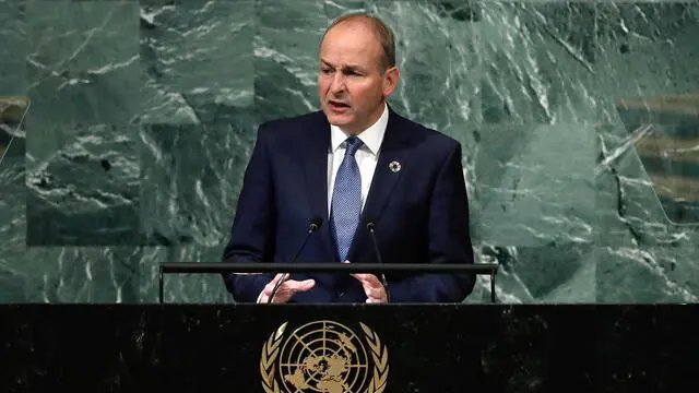epa10200347 Taoiseach of Ireland Micheal Martin delivers his address during the 77th General Debate inside the General Assembly Hall at United Nations Headquarters in New York, New York, USA, 22 September 2022. EPA/Peter Foley