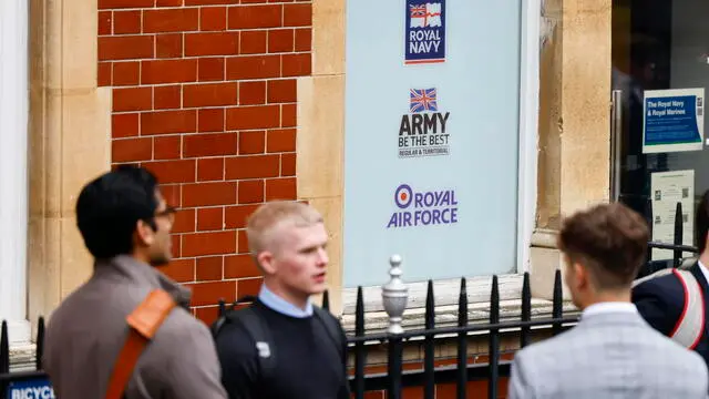 epa11131391 Members of the public queue outside an army recruitment centre to make applications to join the British armed forces in London, Britain, 06 February 2024. Due to rising tensions around the globe, applications to join Royal Navy have surged to an eight-year high, the British army applications also have risen to a six-year high. The Royal Air Force (RAF) also had 42% increase in applications from potential recruits between January 2023 and January 2024. EPA/TOLGA AKMEN