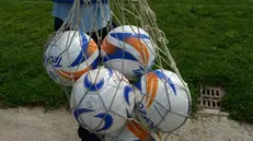 Un sacco con i palloni a bordo campo durante una partita di calcio, 28 maggio 2012. ANSA/FRANCO SILVI