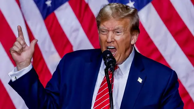 epa11210244 Former US President and Republican presidential candidate Donald Trump speaks during a 'Get Out The Vote Rally' campaign event at the Forum River Center in Rome, Georgia, USA, 09 March 2024. The Georgia presidential primary election is 12 March 2024. EPA/ERIK S. LESSER