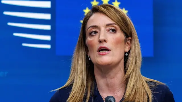 epa11234212 European Parliament President Roberta Metsola speaks to the press on the sidelines of the European Council meeting in Brussels, Belgium, 21 March 2024. EU leaders are addressing security and defense, continued support to Ukraine and the situation in the Middle-East as well as the EU's enlargement, external relations, migration, agriculture and the European Semester during a two-day summit. EPA/OLIVIER MATTHYS