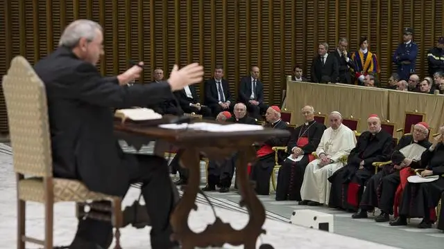 epa05175382 A handout image released by L'Osservatore Romano of Slovenian artist Marko Ivan Rupnik during his meditation in Paul VI Hall, in the occasion of the day of the Jubilee of Mercy for the Roman Curia, Vatican City, 22 February 2016. Pope Francis walked through the Holy Door at St. Peter's Basilica together with employees of the Roman Curia, as he celebrated the Feast of the Chair of Peter and the Jubilee of Mercy for the Roman Curia, the Vatican's central administrative body. EPA/OSSERVATORE ROMANO / HANDOUT