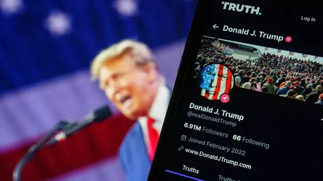 epa11255982 A photo illustration of former US President Donald Trump's account on social media platform Truth Social shown on a mobile phone in Washington, DC, USA, 02 April 2024. Stock in the parent company, Trump Media and Technology Group, fell sharply in the last 48 hrs after the organisation reported loses of $58 million last year. EPA/WILL OLIVER