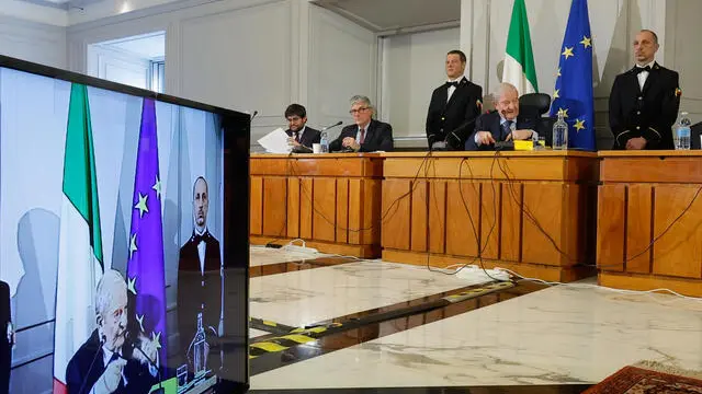Il presidente della Corte Costituzionale Augusto Antonio Barbera a Palazzo della Consulta durante conferenza stampa in occasione della relazione annuale, Roma, 18 Marzo 2024. ANSA/GIUSEPPE LAMI