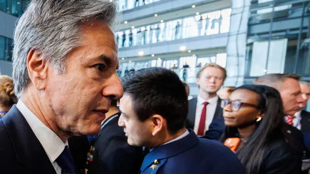 epa11258401 US Secretary of State Antony Blinken attends NATO’s 75th anniversary celebration in the Agora to commemorate 75 years of NATO foundation during a North Atlantic Treaty Organization (NATO) Foreign Affairs Ministers meeting in Brussels, Belgium, 04 April 2024. Allied Foreign Affairs Ministers attend a meeting of NATO Ministers of Foreign Affairs at NATO Headquarters in Brussels on 03-04 April as NATO celebrates its 75th anniversary. On 04 April 1949, the 12 founding countries signed the North Atlantic Treaty, called the Washington Treaty. It committed each member to share the risk, responsibilities, and benefits of collective defense. EPA/OLIVIER MATTHYS