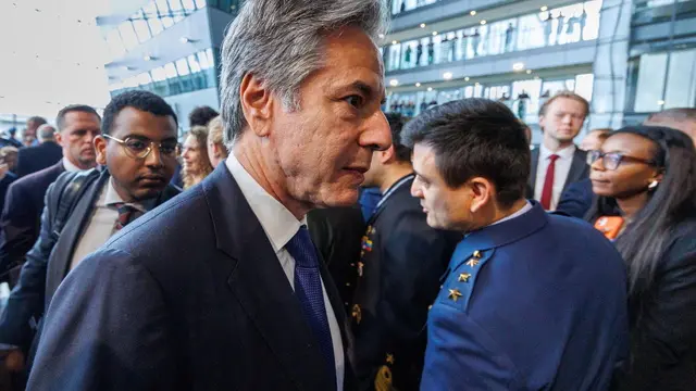 epa11258402 US Secretary of State Antony Blinken attends NATO’s 75th anniversary celebration in the Agora to commemorate 75 years of NATO foundation during a North Atlantic Treaty Organization (NATO) Foreign Affairs Ministers meeting in Brussels, Belgium, 04 April 2024. Allied Foreign Affairs Ministers attend a meeting of NATO Ministers of Foreign Affairs at NATO Headquarters in Brussels on 03-04 April as NATO celebrates its 75th anniversary. On 04 April 1949, the 12 founding countries signed the North Atlantic Treaty, called the Washington Treaty. It committed each member to share the risk, responsibilities, and benefits of collective defense. EPA/OLIVIER MATTHYS