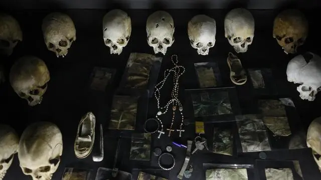 epa07488583 The skulls and crucifixes of those who were killed during the 1994 genocide are displayed at the Kigali Genocide Memorial Centre in the capital Kigali, Rwanda, 06 April 2019. Rwanda on 07 April will mark the 25th anniversary of the genocide that took place in 1994, where ethnic Hutu extremists killed ethnic Tutsis and moderate Hutus during a three-month killing spree that resulted in, according to Rwandan estimates, the death of more than one million people. EPA/DAI KUROKAWA