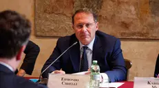 Il vice ministro degli Affari Esteri Edmondo Cirielli a Palazzo Valdina durante il convegno 'La NATO verso il 2030', Roma, 8 Aprile 2024. ANSA/GIUSEPPE LAMI