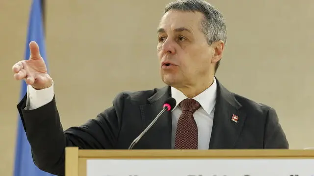 epa11182086 Swiss Foreign Minister Ignazio Cassis delivers his remarks, during the opening of the High-Level Segment of the 55th session of the Human Rights Council at the European headquarters of the United Nations in Geneva, Switzerland, 26 February 2024. EPA/SALVATORE DI NOLFI