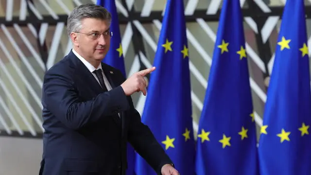 epa11233628 Croatian Prime Minister Andrej Plenkovic arrives to attend the European Council meeting in Brussels, Belgium, 21 March 2024. EU leaders are expected to address security and defence, continued support to Ukraine and the situation in the Middle-East as well as the EU's enlargement, external relations, migration, agriculture and the European Semester during a two-day summit. EPA/OLIVIER MATTHYS