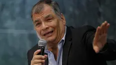 epa11203181 Former Ecuadorian President Rafael Correa speaks during the forum 'The role of the media in Latin America' in Mexico City, Mexico, 06 March 2024. Correa pointed out that the left-wing movements in Latin America do not have as rivals or confront the right-wing parties "but their media". EPA/Isaac Esquivel
