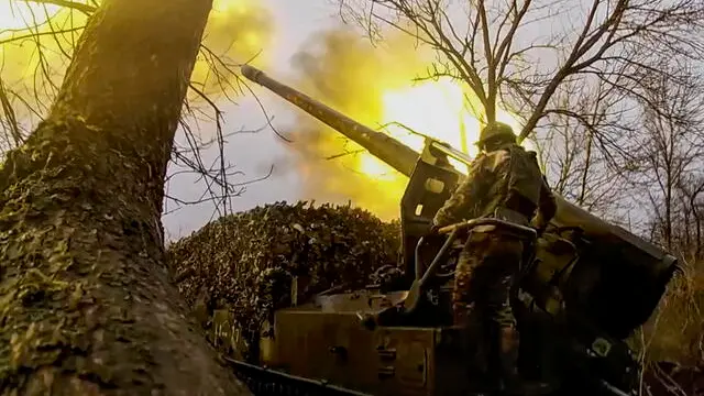 epa11269481 A still image taken from a handout video provided by the Russian Defence ministry press-service shows Russian combat work of crews of SA 2C5 â€˜Hyacinth-Sâ€™ of â€˜Vostokâ€™ (East) troops against Ukrainian troops at an undisclsoed location on South-Donetsk direction in the Russian controlled part of Ukraine, Donetsk region, 10 April 2024. According to the Russian Defence Ministry, crews of 2S5 Giatsint-S self-propelled artillery units are conducting counter-battery combat, striking at Ukrainian army ammunition depots and strongholds.Russian troops entered Ukrainian territory on 24 February 2022, starting a conflict that has provoked destruction and a humanitarian crisis. EPA/RUSSIAN DEFENCE MINISTRY PRESS SERVICE/HANDOUT HANDOUT HANDOUT EDITORIAL USE ONLY/NO SALES HANDOUT EDITORIAL USE ONLY/NO SALES