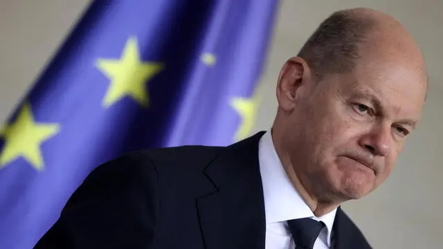 epa11274633 German Chancellor Olaf Scholz looks on during a press conference with Georgia's Prime Minister Irakli Kobakhidze, at the Chancellery in Berlin, Germany, 12 April 2024. German Chancellor Olaf Scholz and Georgia's Prime Minister Irakli Kobakhidze met for bilateral talks. EPA/CLEMENS BILAN