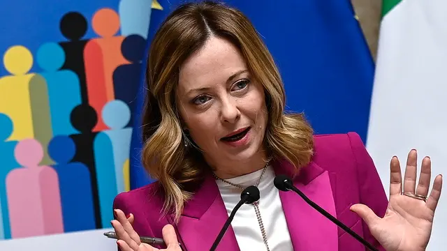 epa11274733 Italian Prime Minister Giorgia Meloni delivers a speech during the conference on the demographic transition 'For a young Europe. Demographic transition, environment, future' in Europe, in Rome, Italy, 12 April 2024. EPA/RICCARDO ANTIMIANI