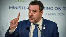 Conferenza stampa del ministro dei trasporti Matteo Salvini al termine del G7 dei trasporti a Palazzo Reale, Milano 13 Aprile 2024 ANSA/MATTEO CORNER