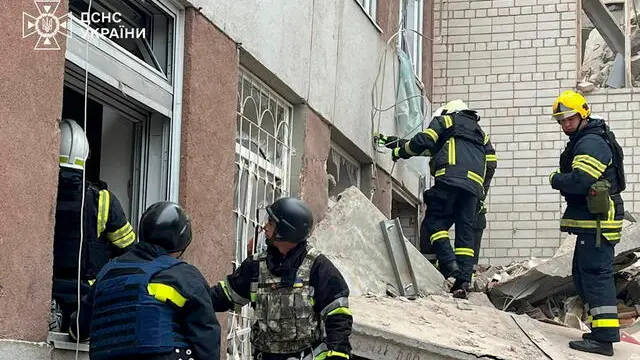 epa11283805 A handout picture made available by the State Emergency Service of Ukraine shows rescuers working at the site of a rocket strike in the city of Chernihiv, Ukraine, 17 April 2024, amid the Russian invasion. At least 11 people were killed and more than 20 others were injured, according to the State Emergency Service. A social infrastructure facility, a hospital, and several residential high-rise buildings were damaged as a result of the morning rocket attack in Chernihiv, north of Kyiv. EPA/STATE EMERGENCY SERVICE HANDOUT HANDOUT EDITORIAL USE ONLY/NO SALES HANDOUT EDITORIAL USE ONLY/NO SALES