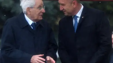 epa11284260 Bulgarian President Rumen Radev (R) speaks with Italian President Sergio Mattarella (L) during an official welcome ceremony in Sofia, Bulgaria, 17 April 2024. The Italian president arrived on a two-day official visit to Bulgaria. EPA/VASSIL DONEV