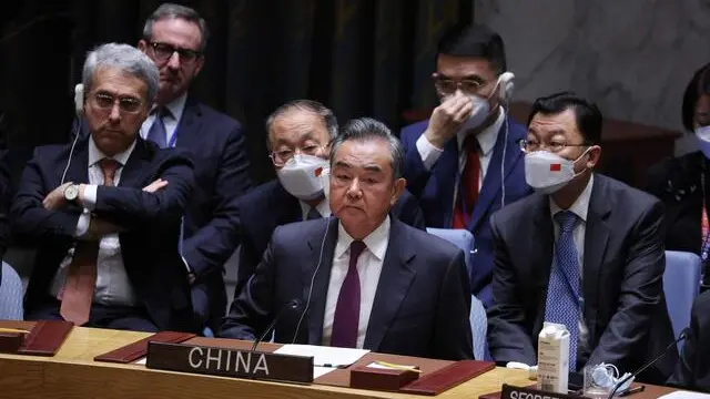 epa10199248 Chinese Foreign Minister Wang Yi during a high-level United Nations Security Council meeting about the ongoing conflict in Ukraine on the sidelines of the General Debate of the UN General Assembly at UN Headquarters in New York, New York, USA, 22 September 2022. EPA/JUSTIN LANE