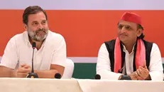 epa11283723 Senior Congress leader Rahul Gandhi (L) and Samajwadi Party president Akhilesh Yadav (R) from Indian National Developmental Inclusive Alliance (I.N.D.I.A), a multi-party political alliance against ruling and Narendra Modi led Bhartiya Janta party, hold a joint press conference in Ghaziabad, Uttar Pradesh, India, 17 April 2024. General elections in India will be held in seven phases between 19 April and 01 June 2024 in which about 968 million people are eligible to vote. EPA/HARISH TYAGI