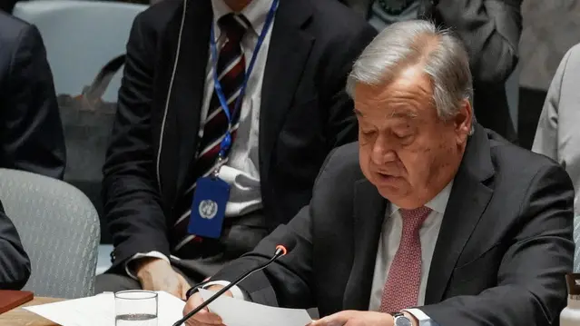 epa11279337 United Nations Secretary General Antonio Guterres reads a speech to members of Security Council as they attend a meeting on the situation in the Middle East at the United Nations headquarters in New York, New York, U.S. on 14 April 2024. The State of Israel called for the meeting following a barrage of drone and missile attacks by the Islamic Republic of Iran on 13 April. EPA/STEPHANI SPINDEL