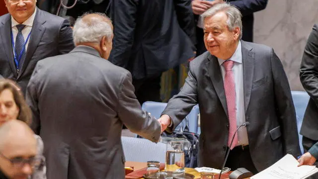 epa11286558 Secretary General of the United Nations Antonio Guterres (R) greets Palestine Ambassador Riyad Mansour (L) before a Security Council meeting at United Nations Headquarters in New York, New York, USA, 18 April 2024. EPA/SARAH YENESEL