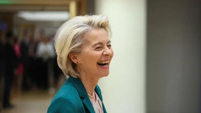 epa11286248 European Commission President Ursula von der Leyen attends a special meeting of the European Council in Brussels, Belgium, 18 April 2024. EU leaders gather in Brussels for a two-day summit to discuss the economy and competitiveness, among other issues. EPA/Leszek Szymanski POLAND OUT