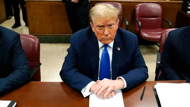 epa11286552 US former president Donald Trump sits in the courtroom as jury selection continues at Manhattan Criminal Court in New York, New York, USA, 18 April 2024. Trump's criminal trial resumes with Judge Juan Merchan seeking to complete jury selection. Trump is facing 34 felony counts of falsifying business records related to payments made to adult film star Stormy Daniels during his 2016 presidential campaign. EPA/TIMOTHY A. CLARY / POOL