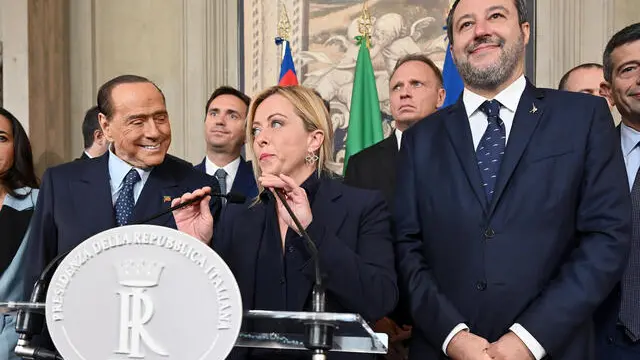 President of the Brothers of Italy party (Fratelli d'Italia-FdI) Giorgia Meloni (C), Italian Lega party leader Matteo Salvini (R), and Former premier and leader of the Forza Italia (FI) party Silvio Berlusconi (L) address the media after a meeting with Italian President Sergio Mattarella for the first round of formal political consultations for new government at the Quirinale Palace in Rome, Italy, 21 October 2022 ANSA/ETTORE FERRARI