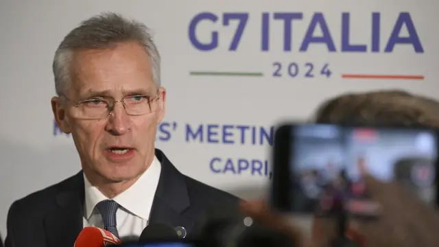 epa11286588 NATO Secretary General Jens Stoltenberg gives a statement to the media in Capri, southern Italy, 18 April 2024, on the second day of the G7 Foreign Ministers meeting. Foreign ministers of the Group of Seven (G7) gathered on the southern Italian island of Capri for a three-day of encounters, from 17 to 19 April, to discuss support for Ukraine and addressing the crisis in the Middle East, among other topics. On 18 April, Stoltenberg participated in the meeting. EPA/CIRO FUSCO