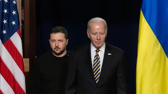 epa11025626 US President Joe Biden (R) and Ukrainian President Volodymyr Zelensky (L) enter the room to hold a joint news conference in the Indian Treaty Room of the Eisenhower Executive Office Building, on the White House complex in Washington, DC, USA, 12 December 2023. Ukrainian President Zelensky is in Washington to meet with members of Congress at the US Capitol and US President Joe Biden at the White House to make a last-ditch effort to convince the US Congress for further military aid before the holiday recess. Republicans want concessions from Democrats on border security in order to support aid to Ukraine. EPA/MICHAEL REYNOLDS